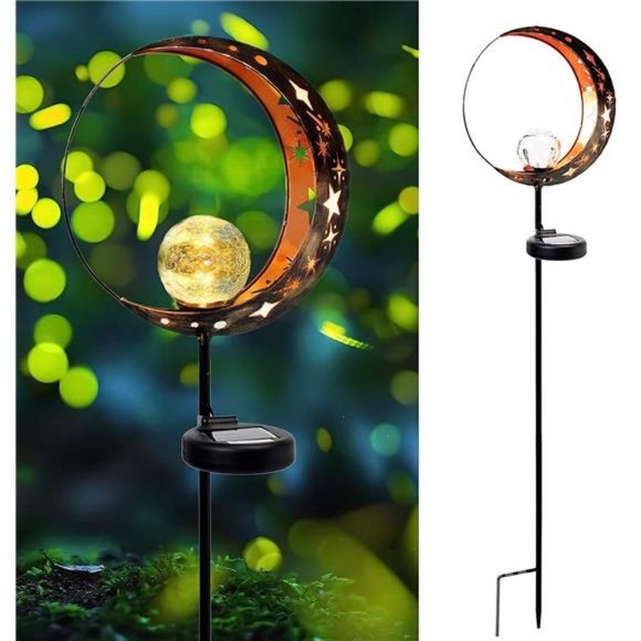 Garden Solar Light Outdoor Decorative,Moon Decor,Crackle Glass Ball Metal Garden - Picture 2 of 6